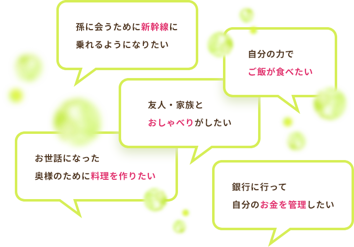 例えば、「孫に会うために新幹線に乗れるようになりたい」「自分の力でご飯が食べたい」「友人・家族とおしゃべりがしたい」など